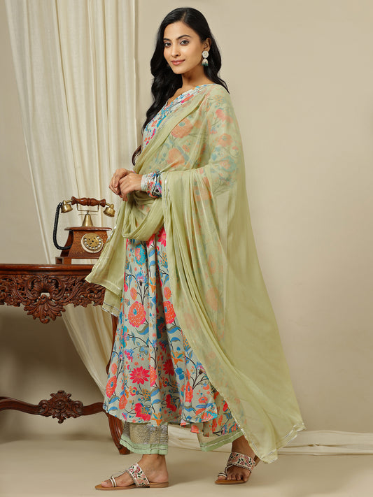 Green Floral Printed V-Neck Kurta with Palazzo & Dupatta