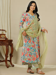 Green Floral Printed V-Neck Kurta with Palazzo & Dupatta