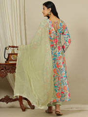 Green Floral Printed V-Neck Kurta with Palazzo & Dupatta