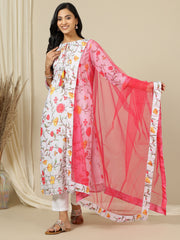 Off White Floral Printed Straight Kurta with Palazzo & Dupatta