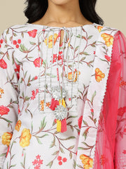 Off White Floral Printed Straight Kurta with Palazzo & Dupatta