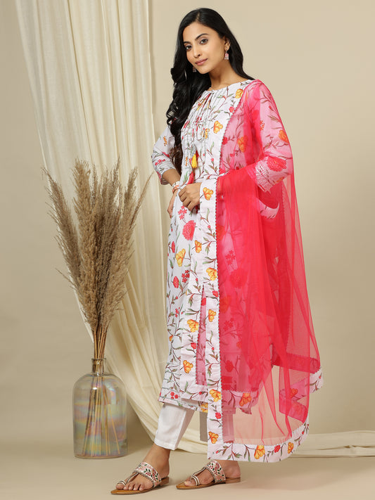 Off White Floral Printed Straight Kurta with Palazzo & Dupatta