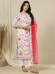 Off White Floral Printed Straight Kurta with Palazzo & Dupatta