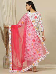 Off White Floral Printed Straight Kurta with Palazzo & Dupatta