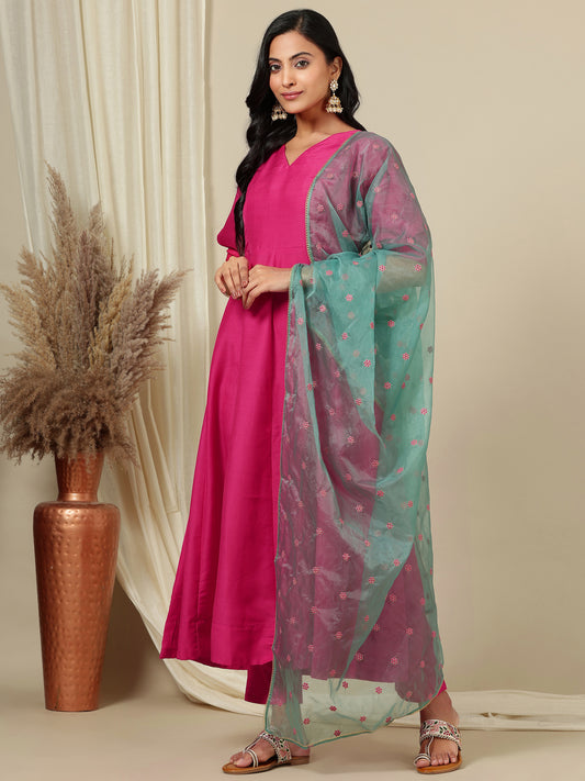 Pink V-Neck Puff Sleeves A-Line Kurta with Trousers & Dupatta