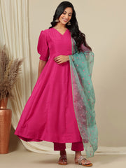 Pink V-Neck Puff Sleeves A-Line Kurta with Trousers & Dupatta