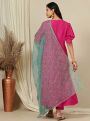 Pink V-Neck Puff Sleeves A-Line Kurta with Trousers & Dupatta