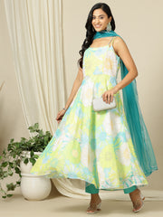 Yellow Floral Printed Georgette A-Line Kurta with Trousers & Dupatta