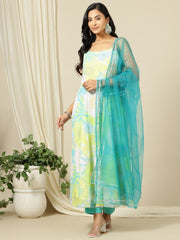 Yellow Floral Printed Georgette A-Line Kurta with Trousers & Dupatta