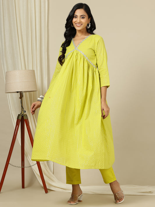 Yellow Striped V-Neck Thread Work Empire Pure Cotton A-Line Kurta with Palazzo