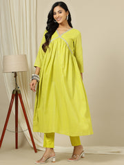 Yellow Striped V-Neck Thread Work Empire Pure Cotton A-Line Kurta with Palazzo