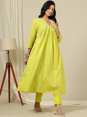 Yellow Striped V-Neck Thread Work Empire Pure Cotton A-Line Kurta with Palazzo