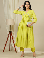 Yellow Striped V-Neck Thread Work Empire Pure Cotton A-Line Kurta with Palazzo