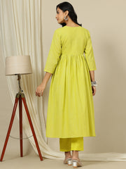 Yellow Striped V-Neck Thread Work Empire Pure Cotton A-Line Kurta with Palazzo