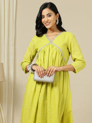 Yellow Striped V-Neck Thread Work Empire Pure Cotton A-Line Kurta with Palazzo