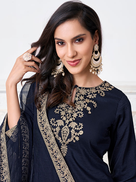 Ethnic Motifs Embroidered Keyhole Neck Kurta With Dhoti Pants And Dupatta