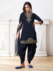 Ethnic Motifs Embroidered Keyhole Neck Kurta With Dhoti Pants And Dupatta