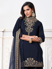 Ethnic Motifs Embroidered Keyhole Neck Kurta With Dhoti Pants And Dupatta