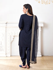 Ethnic Motifs Embroidered Keyhole Neck Kurta With Dhoti Pants And Dupatta