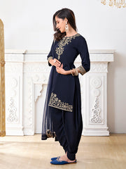 Ethnic Motifs Embroidered Keyhole Neck Kurta With Dhoti Pants And Dupatta