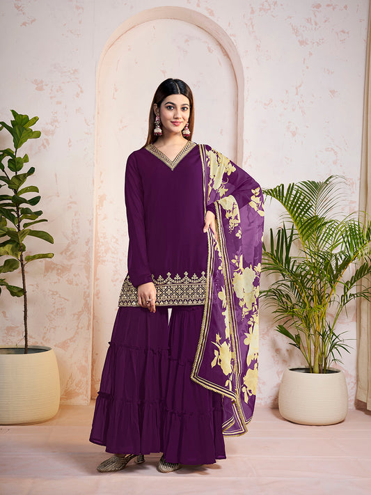 Ethnic Motifs Embroidered Sequinned Georgette Straight Kurti With Sharara & Dupatta