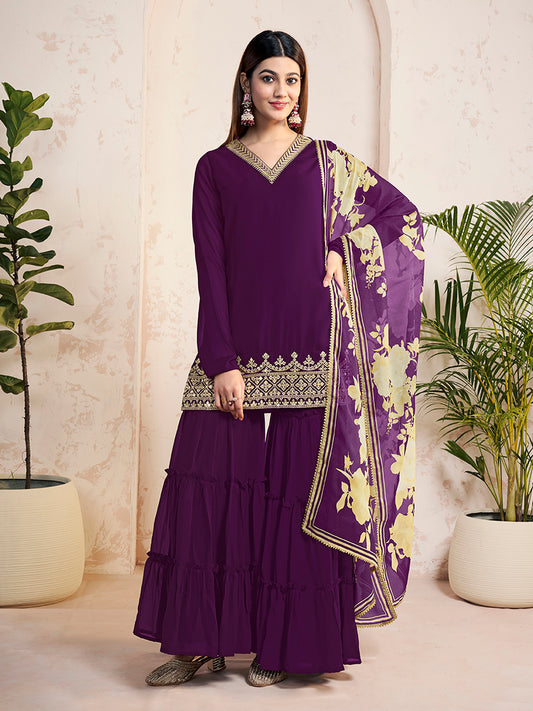 Ethnic Motifs Embroidered Sequinned Georgette Straight Kurti With Sharara & Dupatta