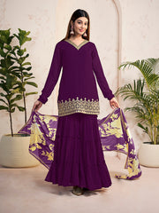 Ethnic Motifs Embroidered Sequinned Georgette Straight Kurti With Sharara & Dupatta