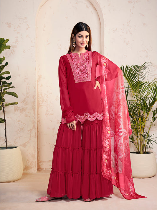 Ethnic Motifs Embroidered Sequinned Georgette Straight Kurti With Sharara & Dupatta