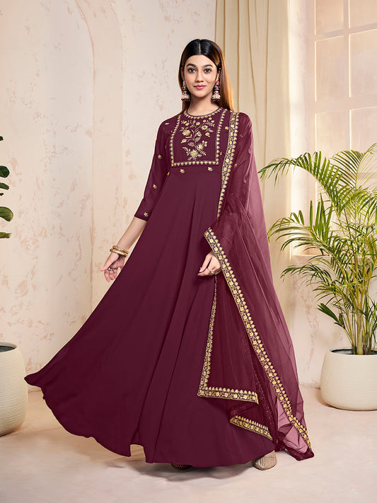 Floral Embroidered Panelled Georgette Anarkali Kurta With Dupatta