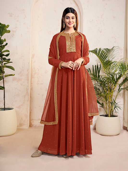 Floral Mukaish Embroidered Floral Georgette Notch-Neck Anarkali Kurta With Dupatta