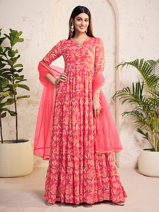 Floral Printed V-Neck Georgette Angrakha A-Line Kurta