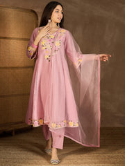 Women Floral Embroidered Panelled Thread Work Kurta with Trousers & With Dupatta