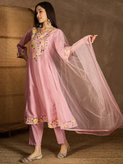 Women Floral Embroidered Panelled Thread Work Kurta with Trousers & With Dupatta