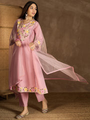 Women Floral Embroidered Panelled Thread Work Kurta with Trousers & With Dupatta