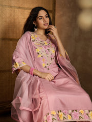 Women Floral Embroidered Panelled Thread Work Kurta with Trousers & With Dupatta