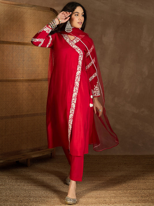 Women Floral Embroidered Angrakha Thread Work Kurta with Trousers & With Dupatta