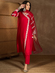 Women Floral Embroidered Angrakha Thread Work Kurta with Trousers & With Dupatta