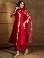 Women Floral Embroidered Angrakha Thread Work Kurta with Trousers & With Dupatta