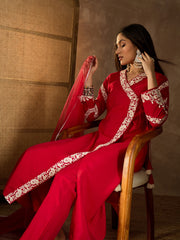 Women Floral Embroidered Angrakha Thread Work Kurta with Trousers & With Dupatta