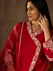 Women Floral Embroidered Angrakha Thread Work Kurta with Trousers & With Dupatta