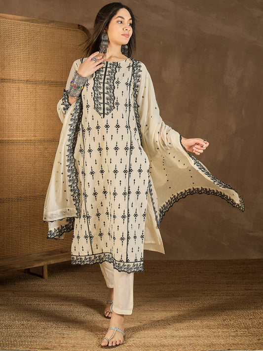 Women Ethnic Motifs Embroidered Regular Thread Work Kurta with Trousers & With Dupatta