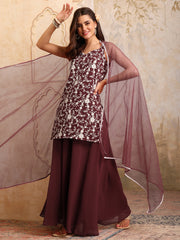 Floral Embroidered Sweetheart Neck Sequinned Kurti With Palazzos & Dupatta