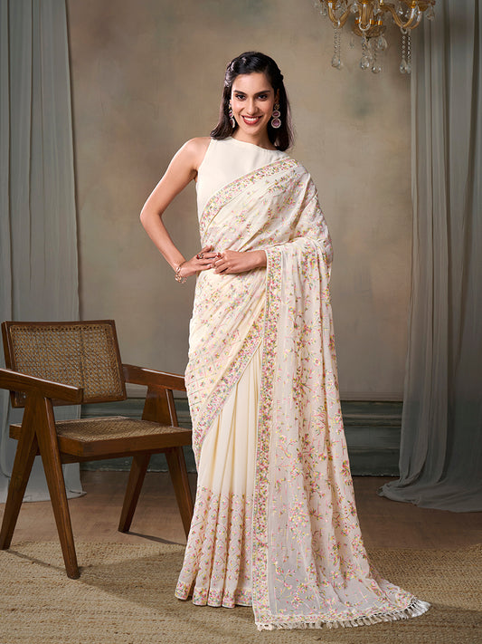 Floral Embroidered Sequinned Saree