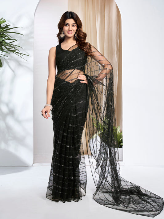 Striped Sequinned Net Heavy Work Saree