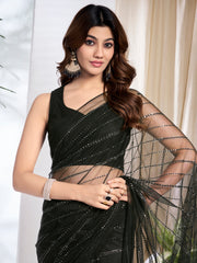 Striped Sequinned Net Heavy Work Saree