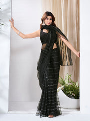 Striped Sequinned Net Heavy Work Saree