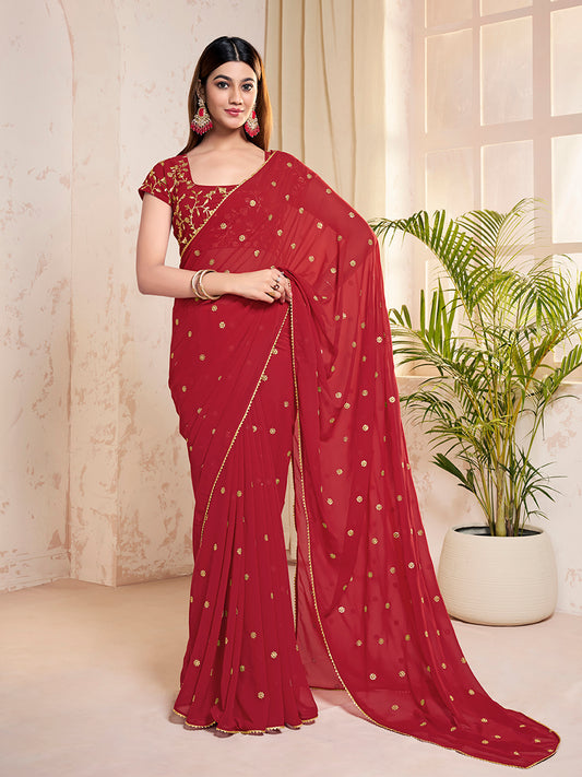 Floral Sequinned Poly Georgette Heavy Work Saree