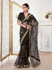 Black Floral Sequinned Net Saree