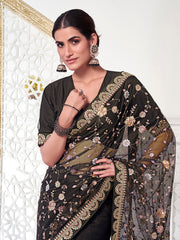 Black Floral Sequinned Net Saree