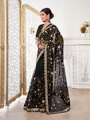 Black Floral Sequinned Net Saree